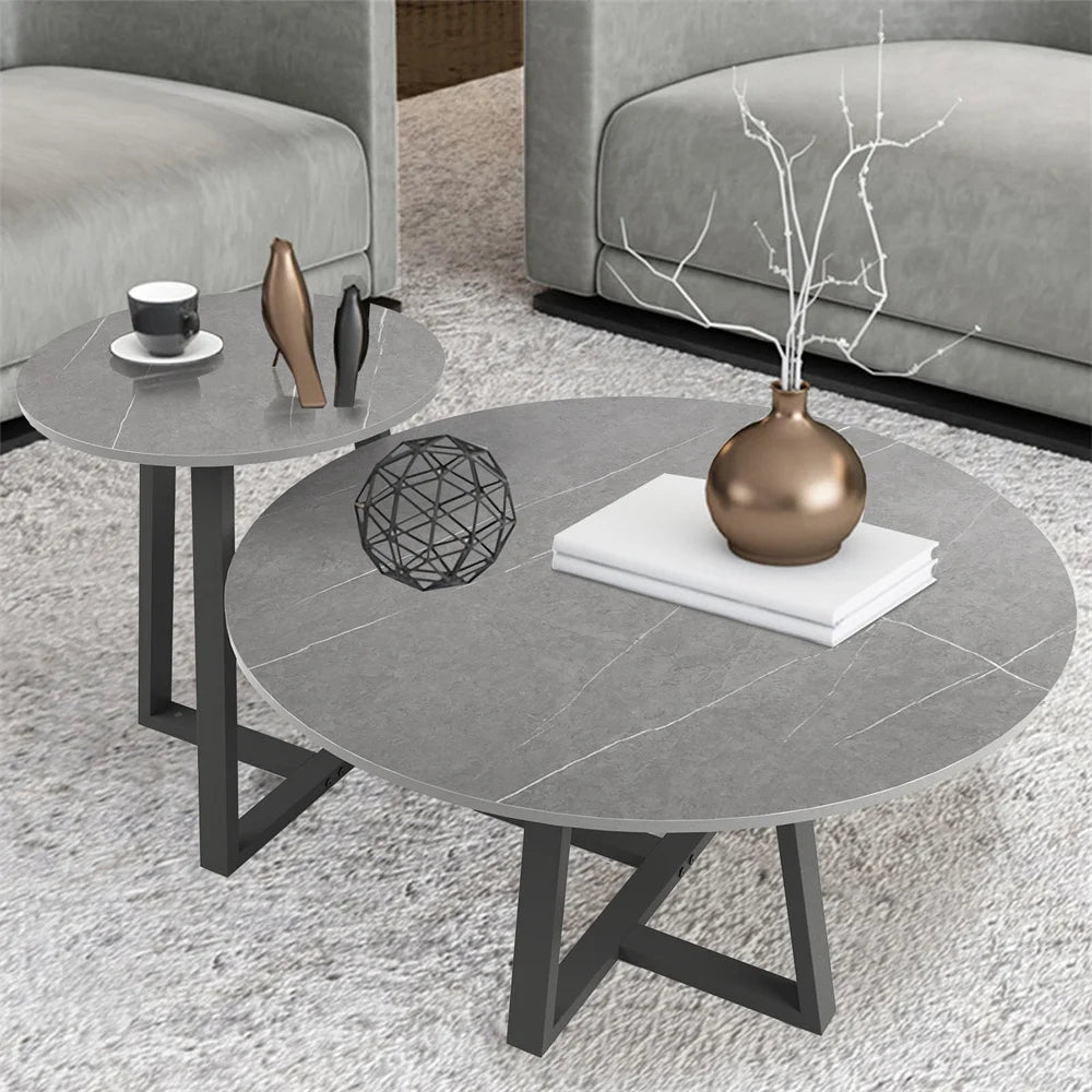 Round Modern Marble Nesting Coffee Set of 2, Stacking Living Room Tables Sintered Stone Tabletop