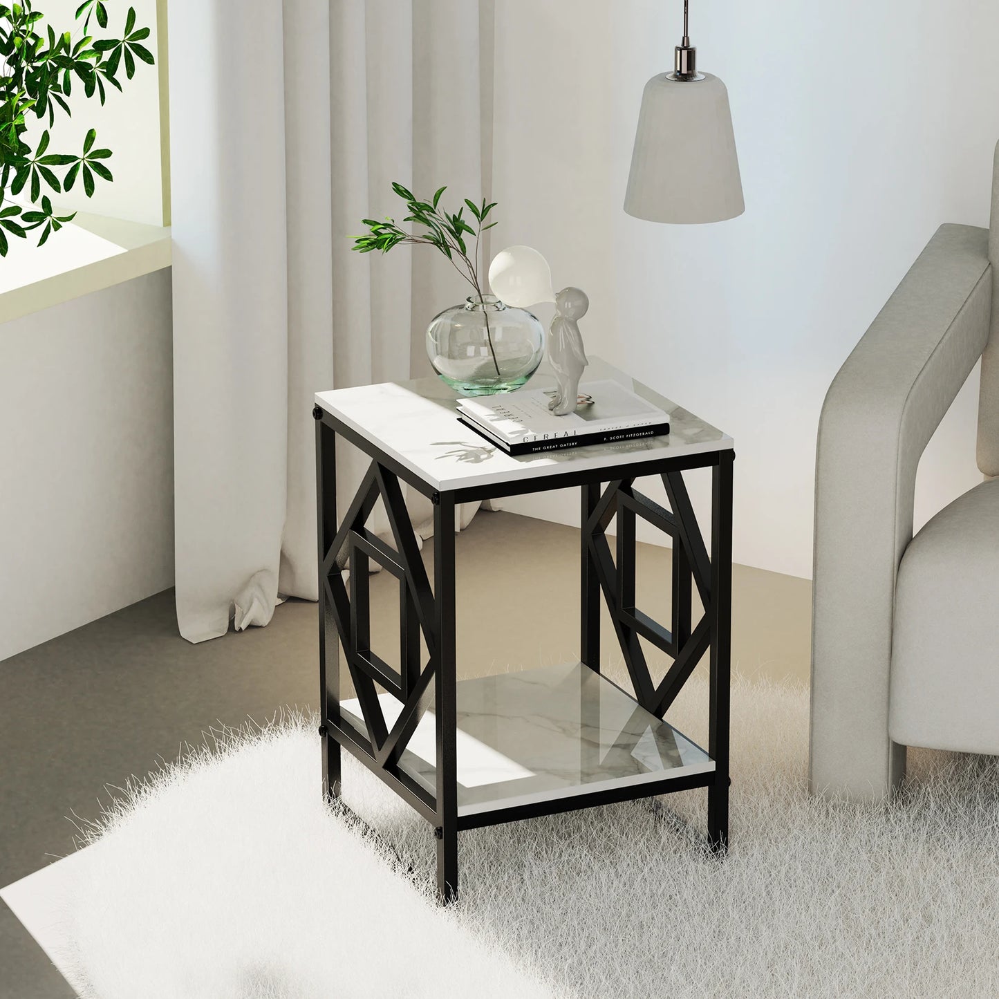 White Marble Top Side Table Black Frame