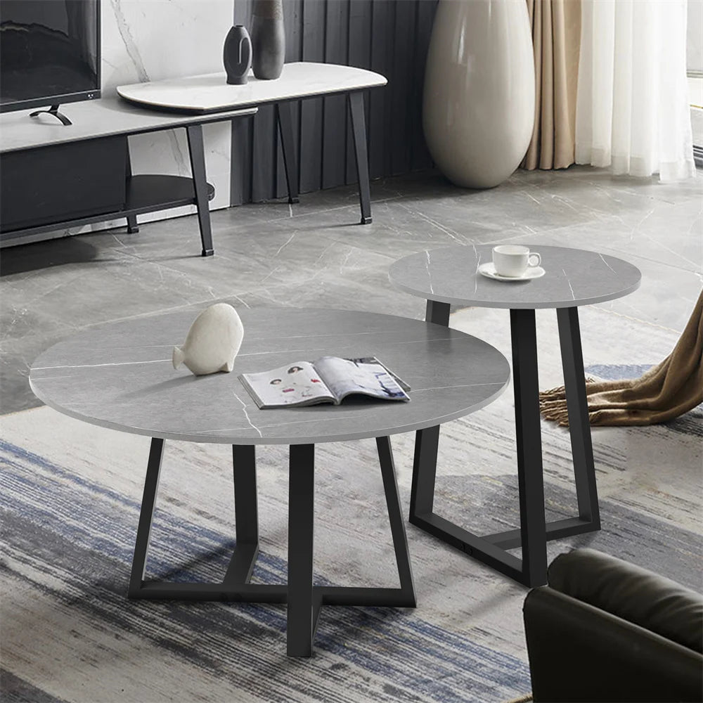 Round Modern Marble Nesting Coffee Set of 2, Stacking Living Room Tables Sintered Stone Tabletop